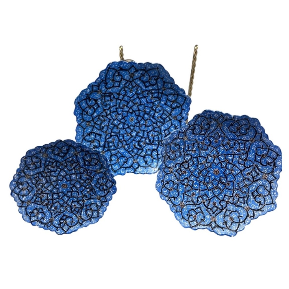 Persian Enamel 3 Dishes Mina Kari Artist Signed AMINI Scalloped Edges